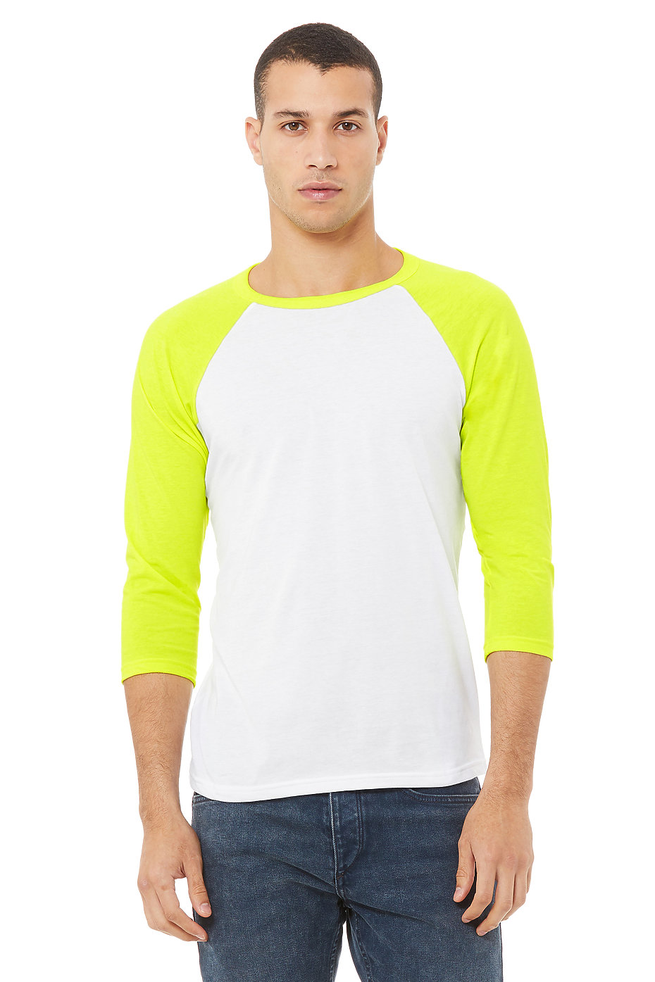 white baseball tee with yellow sleeves