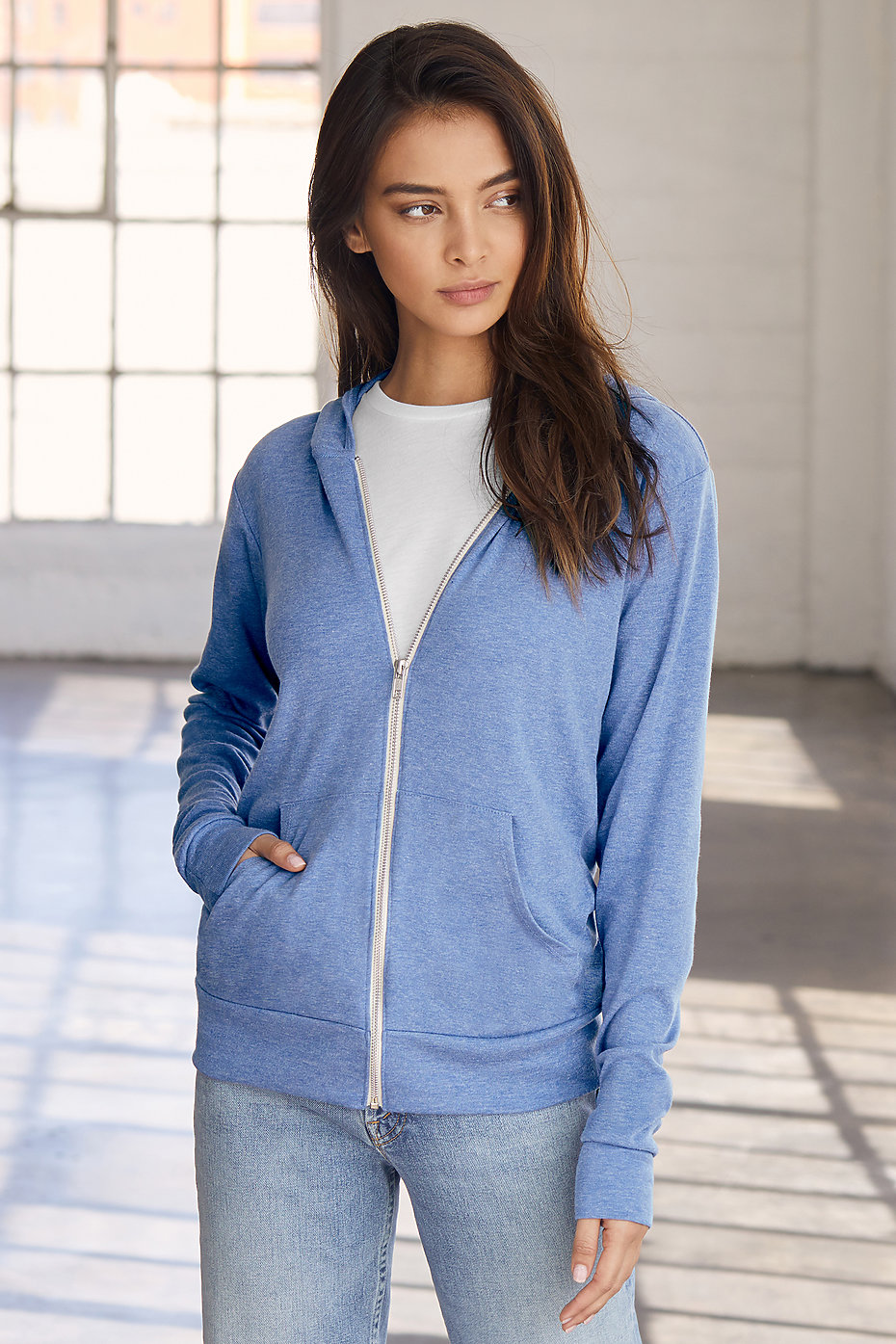 Zip-Through Denim Hoodie With Sash And Patches - Ready-to-Wear