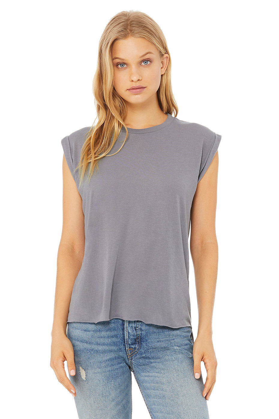 Women's 'Seize The Night' Distressed Print Flowy Muscle T-Shirt With Rolled Cuff