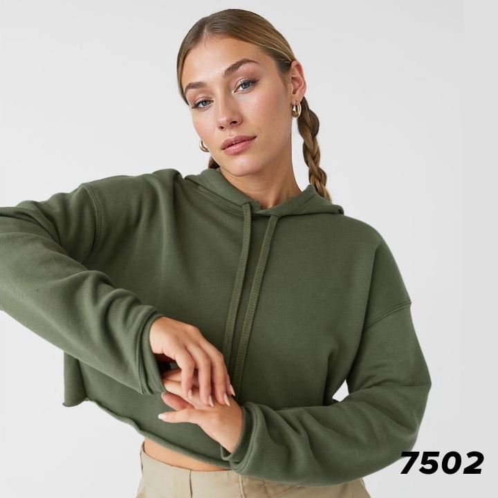 7502 WOMEN'S CROPPED FLEECE HOODIE in military green. linking to product