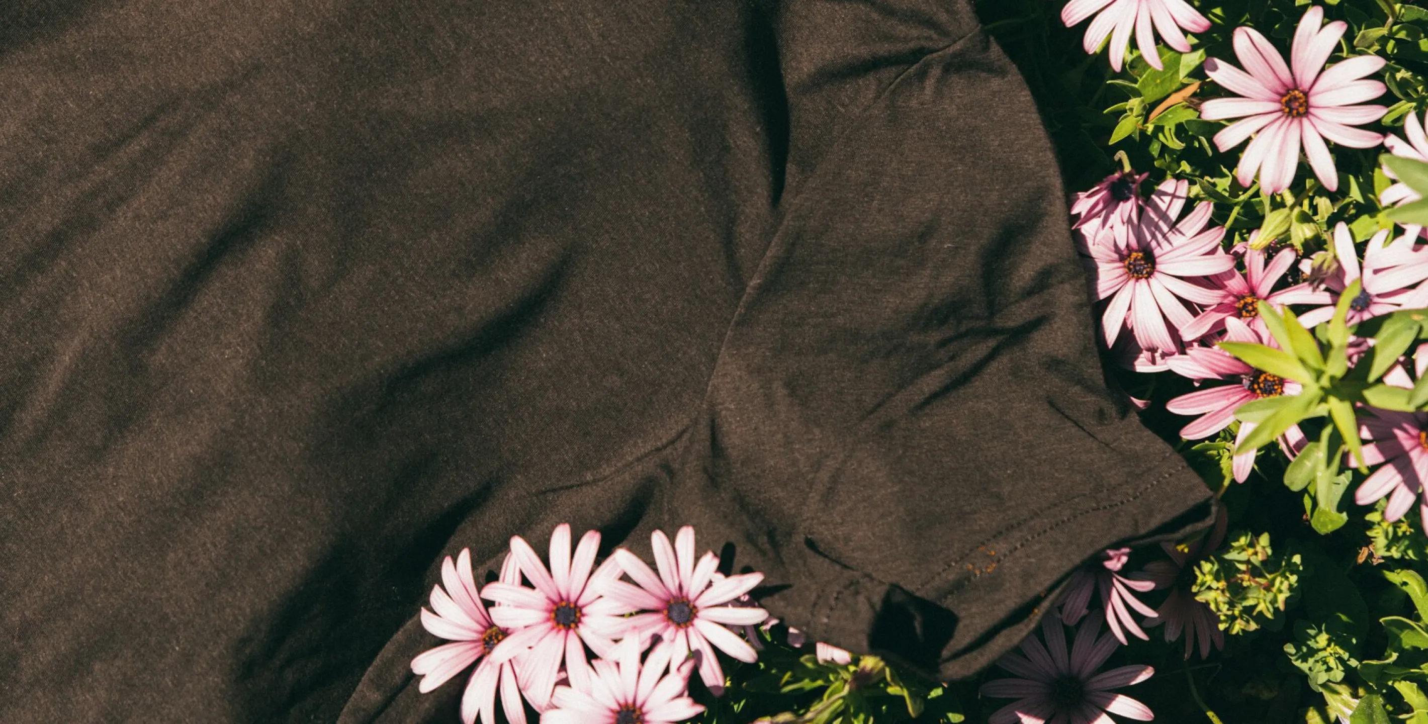 Dark colored BELLA+CANVAS T-shirt laying on grass with pink flowers
