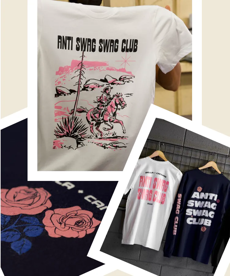 collage of anti-swag swag club t-shirts
