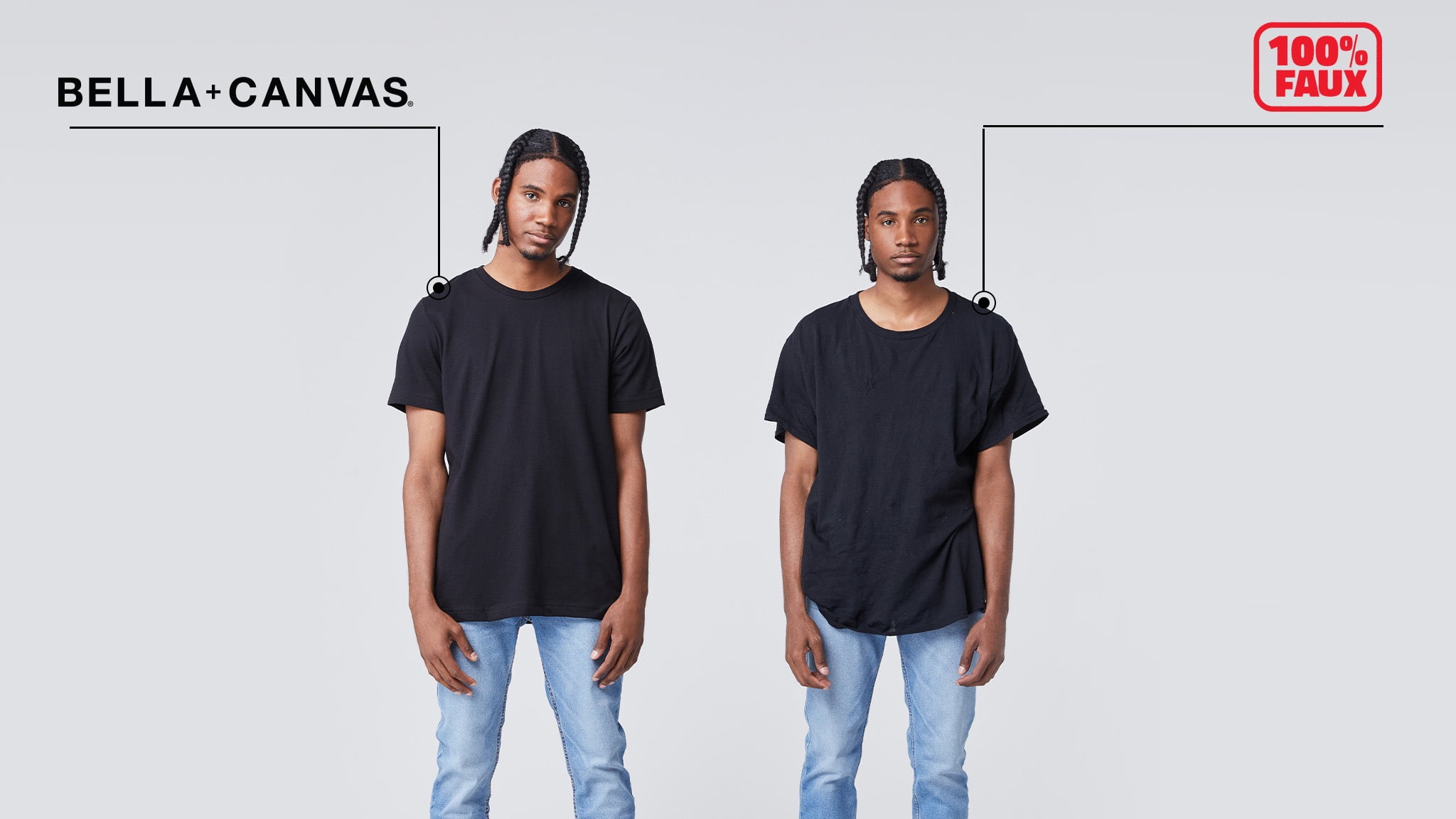 two men standing side by side in black tees, one is happy and confident and one is straight faced