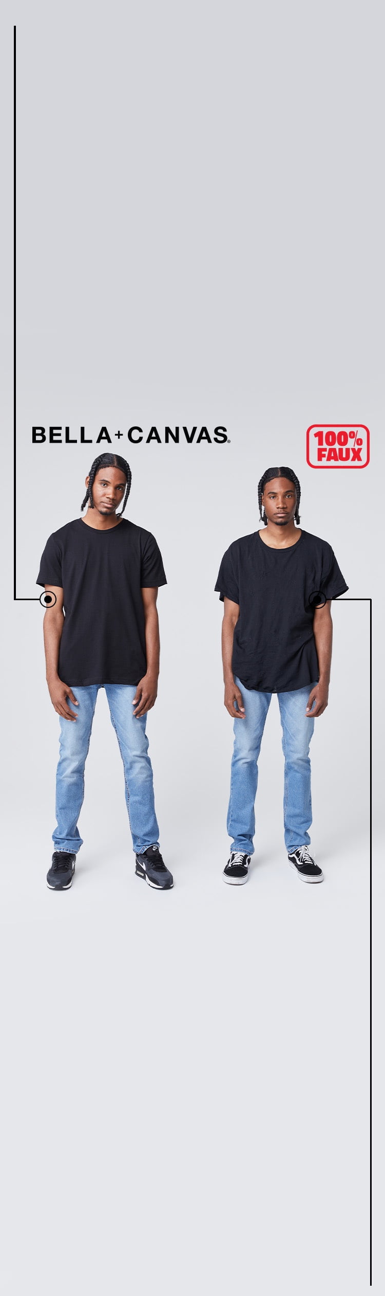 two men standing side by side in black tees, one is happy and confident and one is straight faced