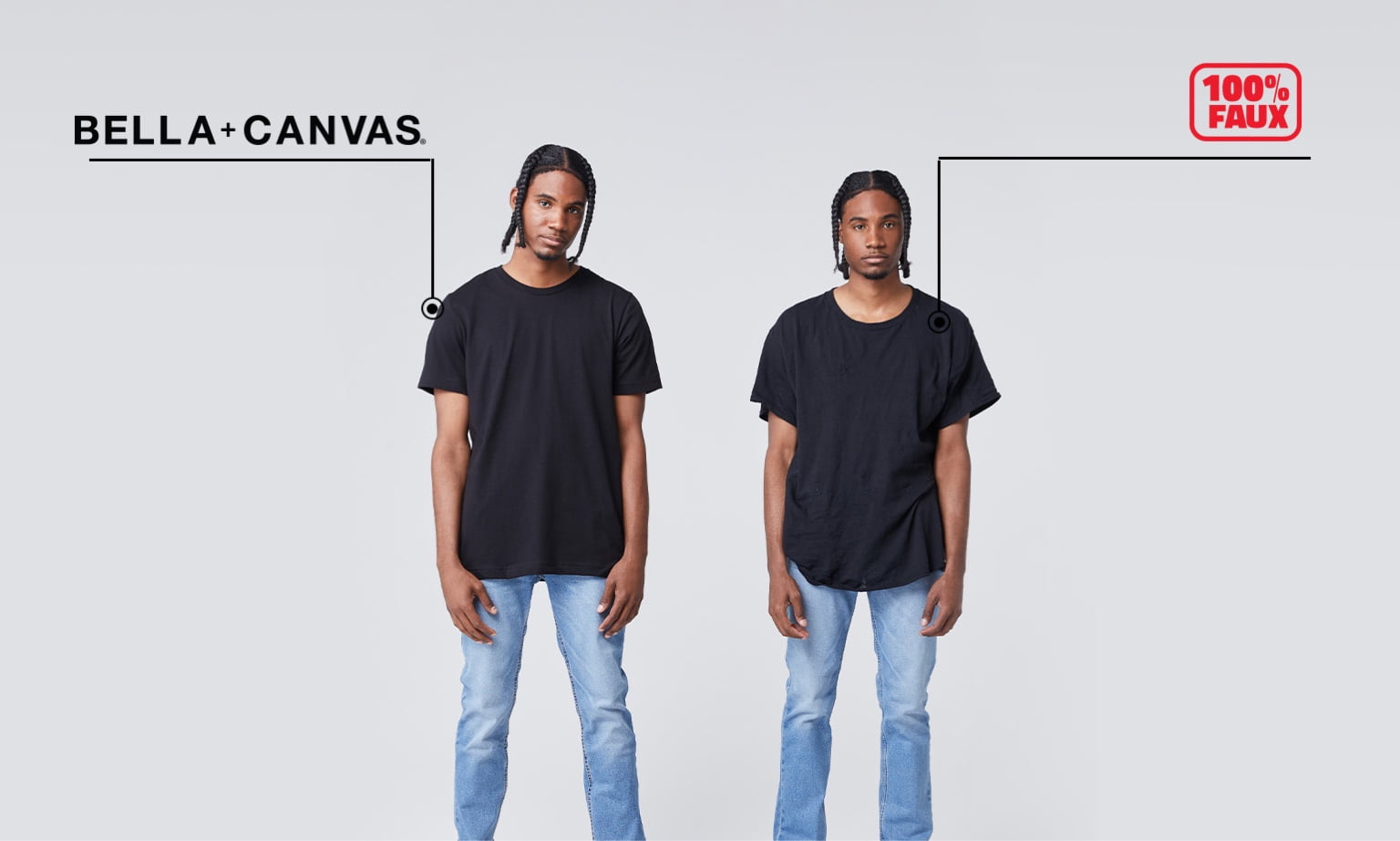 two men standing side by side in black tees, one is happy and confident and one is straight faced