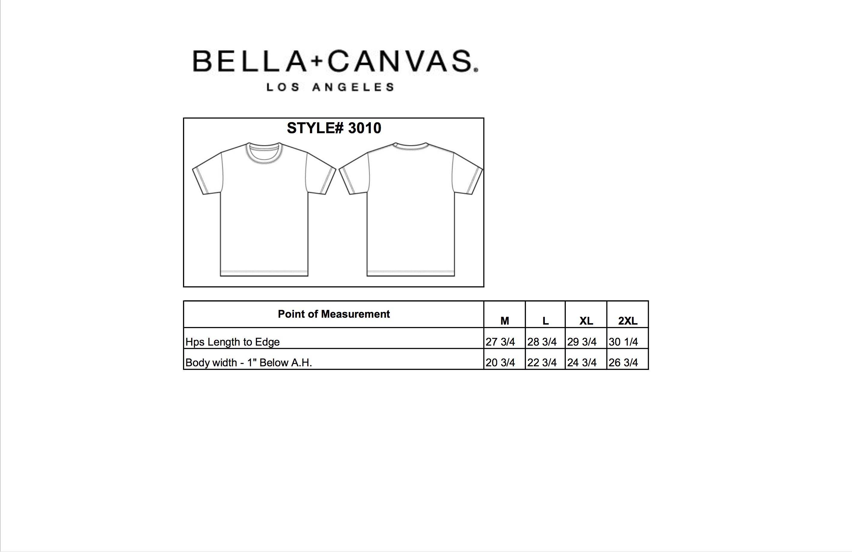 Bella Shirts Size Chart